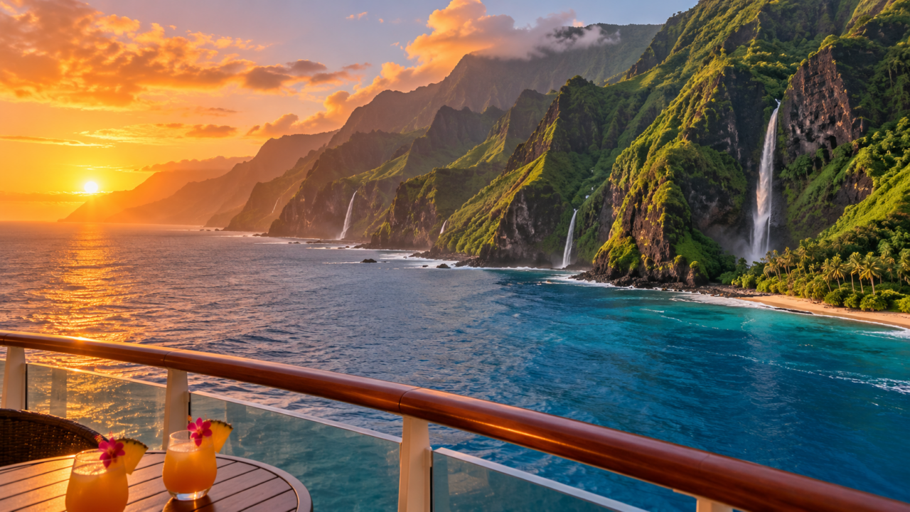 하와이 크루즈 발코니에서 바라본 노을 진 화산 절벽 해안